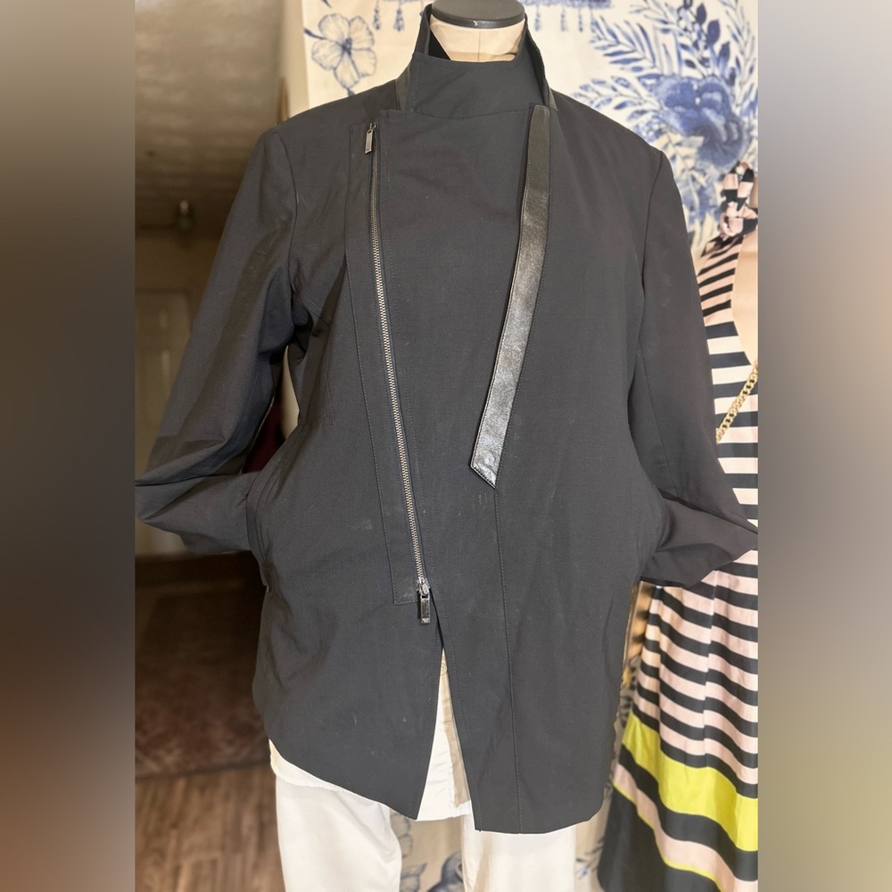 Emporio Armani Navy Blue & Black Jacket w Leather Trim/Elbow Patch&Side Pockets
